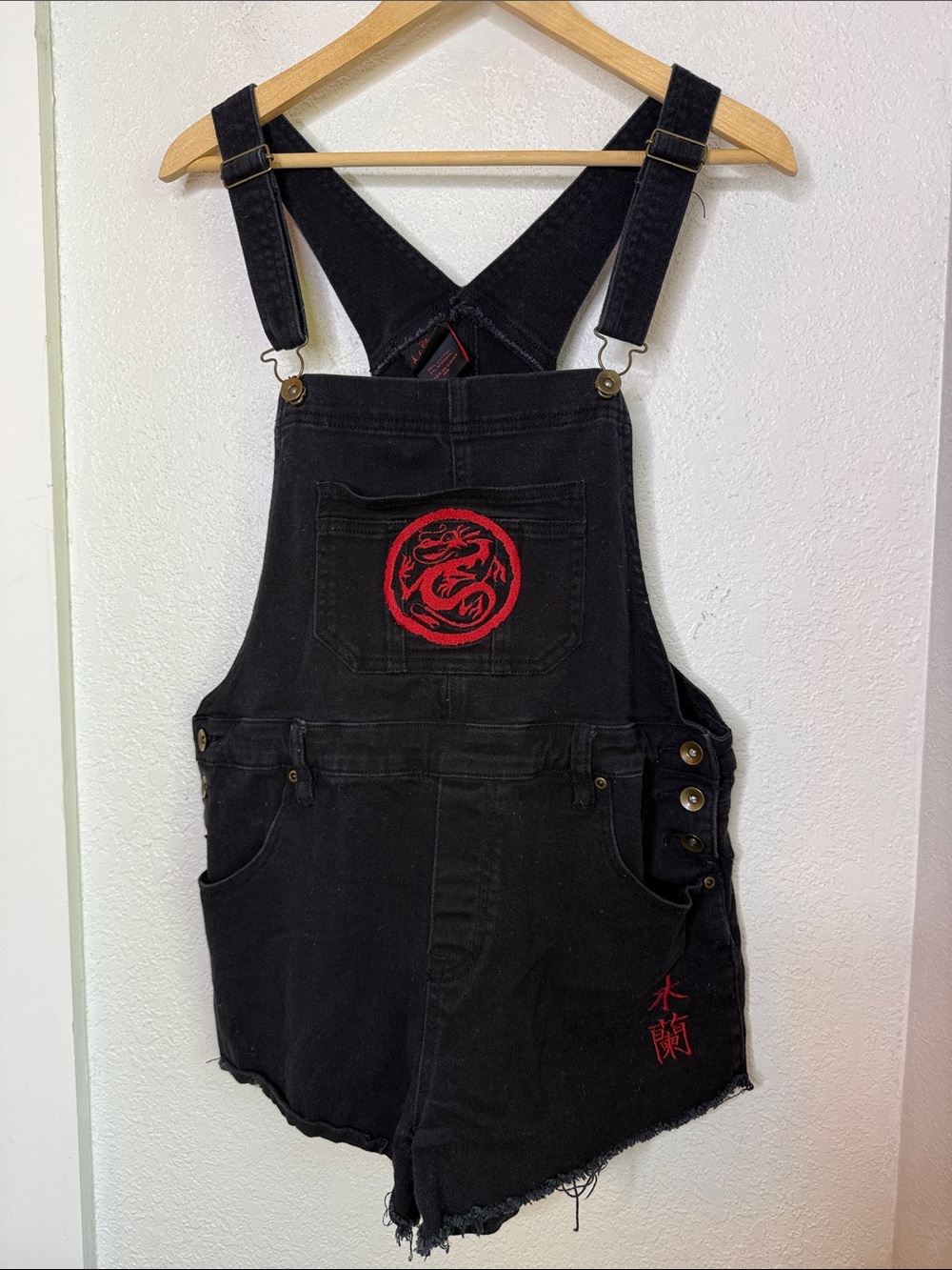 Disney Mulan Mushu Black Denim Short Overalls Embroidered Shortalls Size M